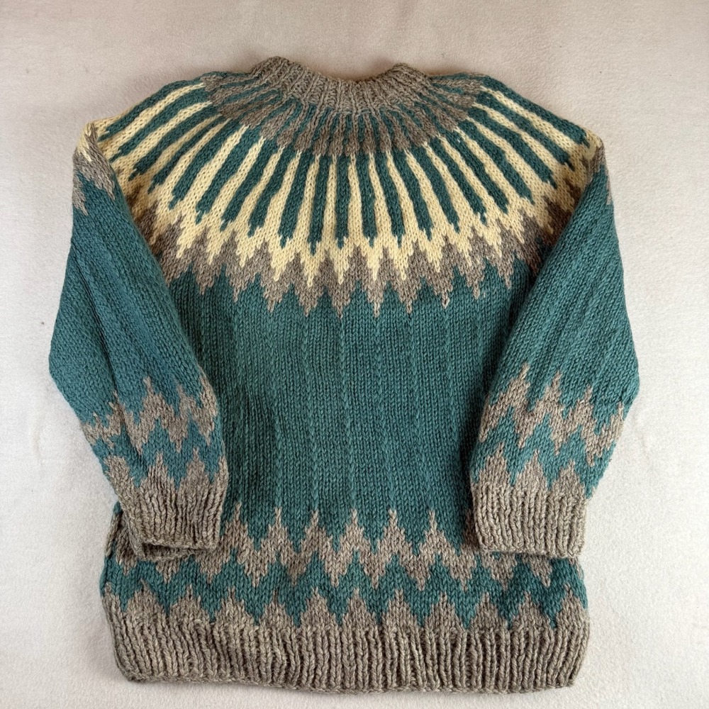 80s Handmade Wool Fair Isle Sunburst Sweater Mens Large Teal Grey Made in Greece